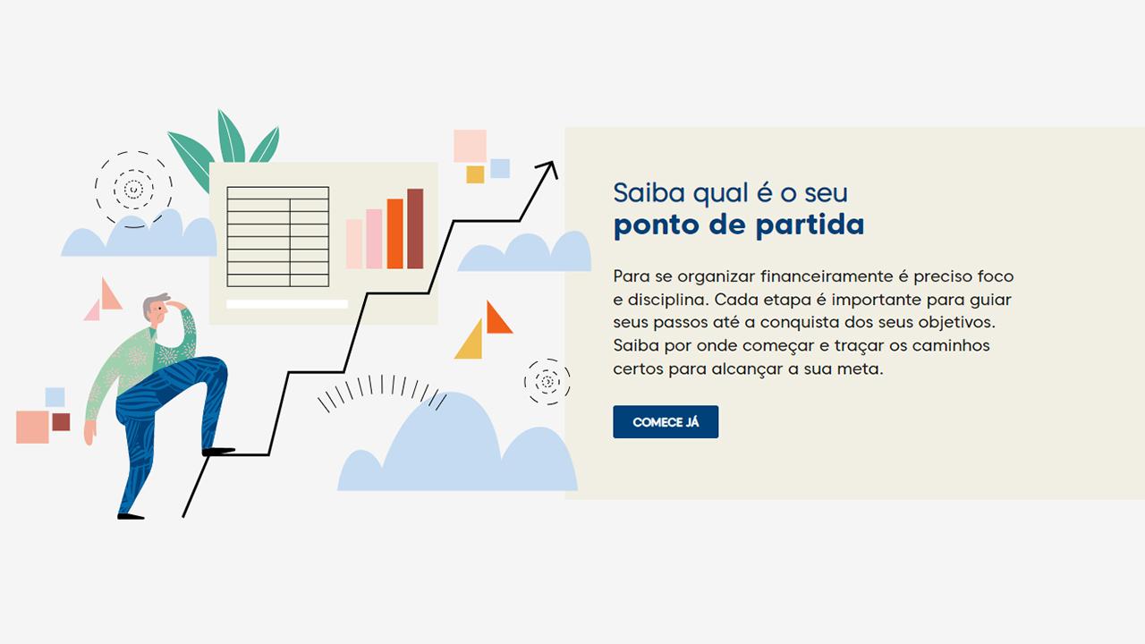 Plataforma Meu Bolso em Dia. Ilustração de homem subindo um gráfico-escada. Texto fala que é para se organizar financeiramente é preciso foco e disciplina.