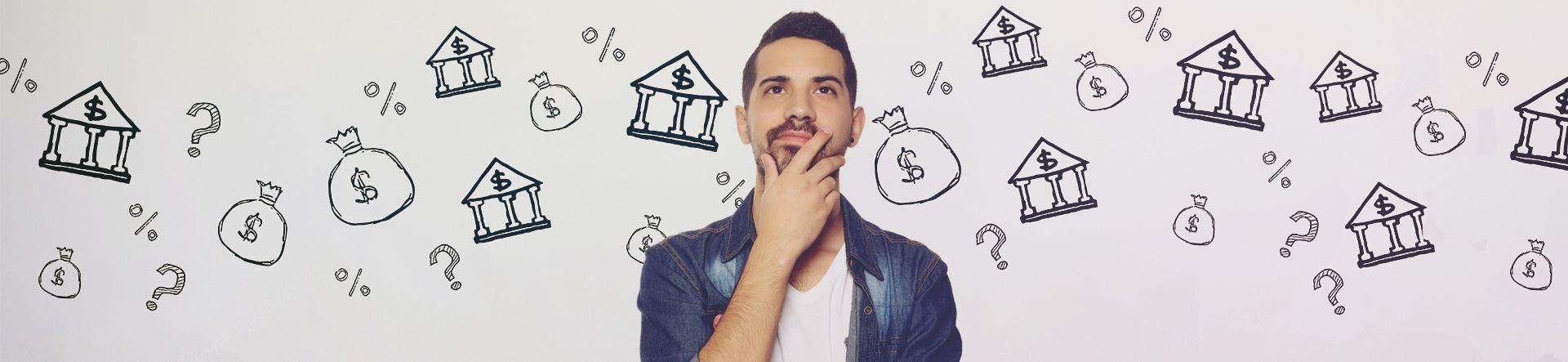 Homem se questionando sobre o melhor fundo de investimento para sua necessidade, diante de imagens de sacos de dinheiro, instituições financeiras e interrogações.